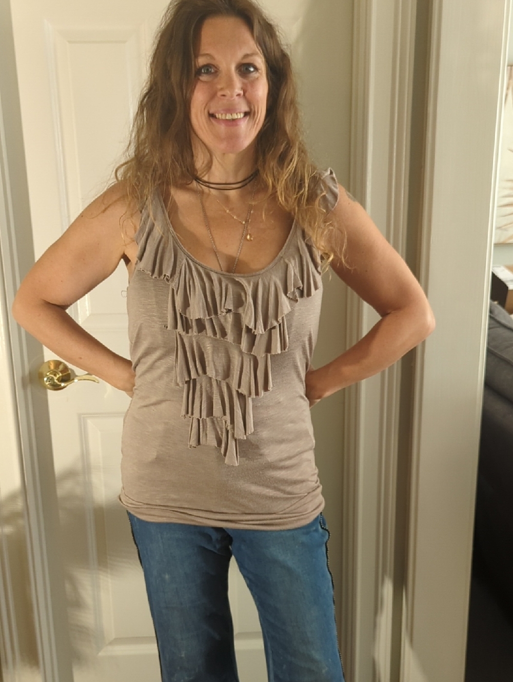 Women’s Taupe Ruffle Front Tank Top